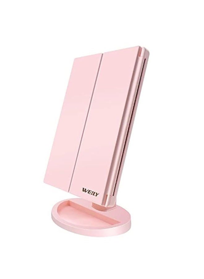 WEILY Lighted Makeup Mirror with 21 LED Lights, Trifold Vanity Mirror with 3X/2X/1X Magnification, Touch Screen, Dual Power Supply, 180 Degree Rotation Portable Mirrors for Travel(Pink) - Image 1