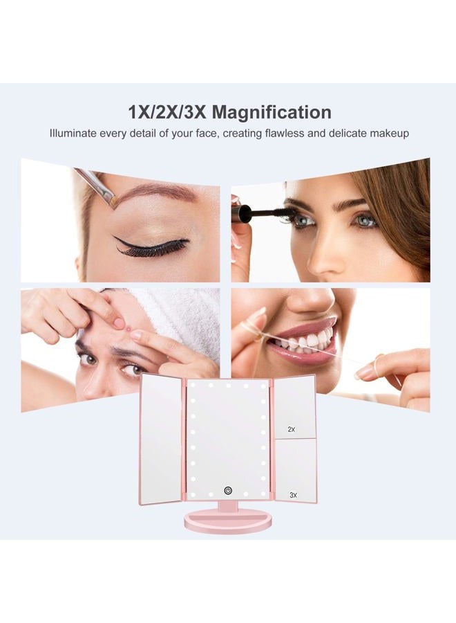 WEILY Lighted Makeup Mirror with 21 LED Lights, Trifold Vanity Mirror with 3X/2X/1X Magnification, Touch Screen, Dual Power Supply, 180 Degree Rotation Portable Mirrors for Travel(Pink) - Image 4