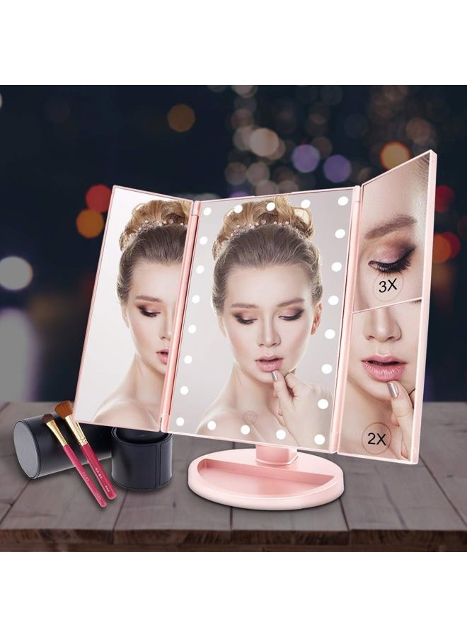 WEILY Lighted Makeup Mirror with 21 LED Lights, Trifold Vanity Mirror with 3X/2X/1X Magnification, Touch Screen, Dual Power Supply, 180 Degree Rotation Portable Mirrors for Travel(Pink) - Image 5
