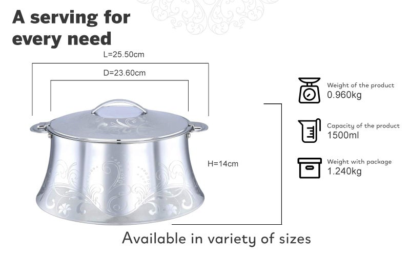 Pradeep AVA Stainless Steel Insulated Serving Casserole with Design Lid/Double walled/Stainless steel Casserole/Hot & Cold/Dishwasher Safe/Silver-1500ML - Image 3