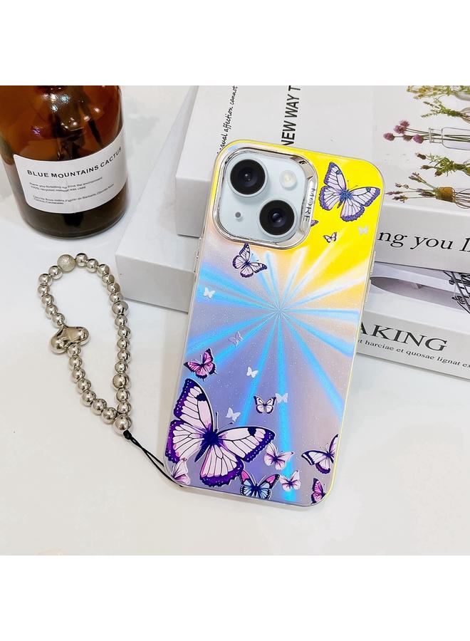 اس-توب جراب لهاتف iPhone 15 مصنوع من جلد الفراشة مطلي بالكهرباء بالليزر مع حزام معصم - Image 1