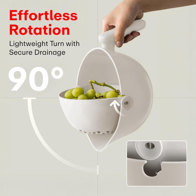 PRIME PICK سلة تصريف دوارة متعددة الاستخدامات 2000 مل | غسالة أرز وفواكه وخضروات بطبقتين مع ميل 90°، تدفق هواء دائري، مقبض متين وقاعدة تصريف (بيضاء) - Image 4