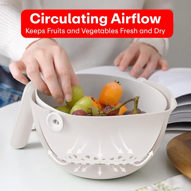 PRIME PICK سلة تصريف دوارة متعددة الاستخدامات 2000 مل | غسالة أرز وفواكه وخضروات بطبقتين مع ميل 90°، تدفق هواء دائري، مقبض متين وقاعدة تصريف (بيضاء) - Image 2