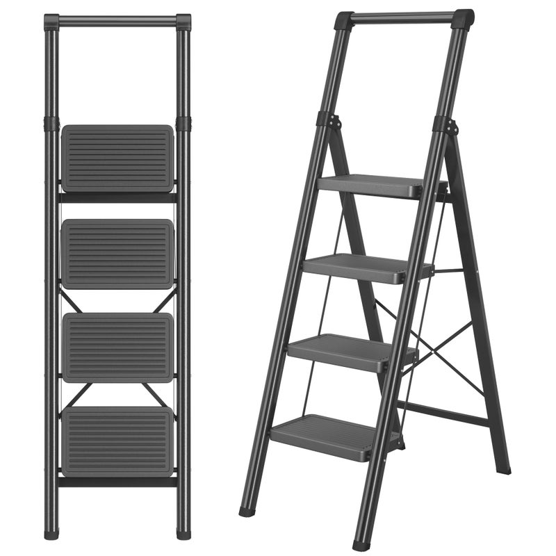 DIAMONDFORGE 4 Step Ladder, DIAMONDFORGE Folding Step Stool with Wide Anti-Slip Pedal, Anti-Slip Feet and Handgrip, Sturdiest Steel Construction, Steel Ladder for Home, Black - Image 1