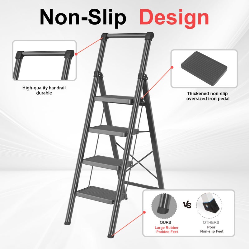DIAMONDFORGE 4 Step Ladder, DIAMONDFORGE Folding Step Stool with Wide Anti-Slip Pedal, Anti-Slip Feet and Handgrip, Sturdiest Steel Construction, Steel Ladder for Home, Black - Image 3
