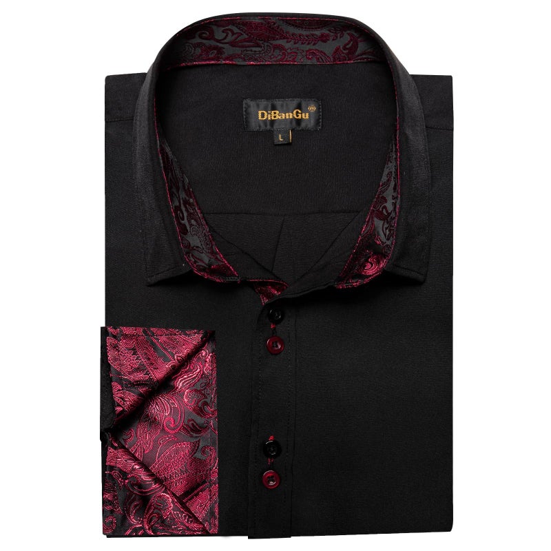 DiBanGu Men's Dress Shirt Long Sleeve Casual Button Down Shirts Regular Fit Inner Contrast Shirt for Business Party, Black and Red, Large - Image 5