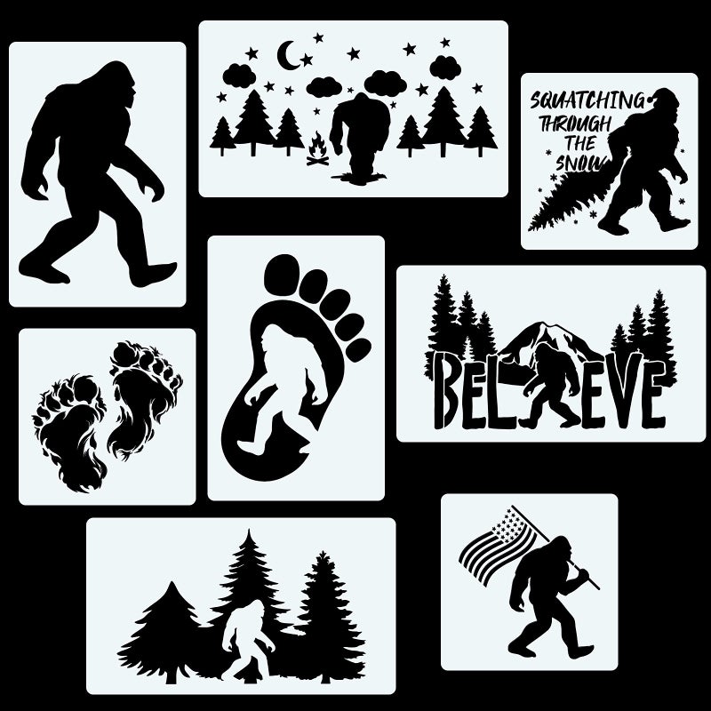 CINPIUK 8PCS Bigfoot Stencils Painting on Wood Reusable Sasquatch Templates for Christmas Home Decor DIY Art Crafts Assorted Sizes