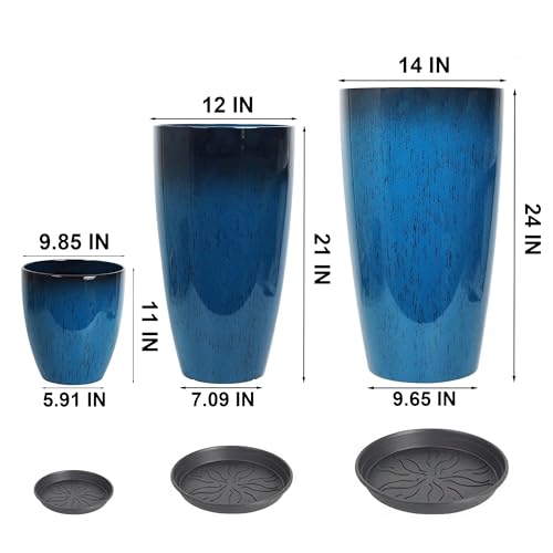 MinCHI257 24,21,11 Inch Large Plastic Planters with Drainage Hole and Saucer - Set of 3 Tall Plant Pots Indoor Flower Pot Tall Round Planters Outdoor Large Tall Planter - Image 2