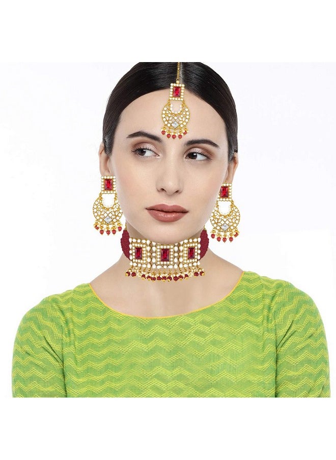 Aheli Jodha Akbar Crystal Pearl Choker Necklace With Earring Maang Tikka Indian Traditional Bollywood Bridal Jewelry Set For Women Girls  - Image 2