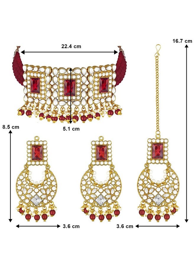 Aheli Jodha Akbar Crystal Pearl Choker Necklace With Earring Maang Tikka Indian Traditional Bollywood Bridal Jewelry Set For Women Girls  - Image 3