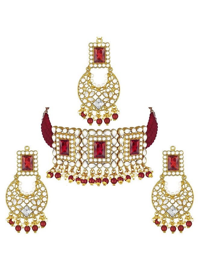 Aheli Jodha Akbar Crystal Pearl Choker Necklace With Earring Maang Tikka Indian Traditional Bollywood Bridal Jewelry Set For Women Girls  - Image 1