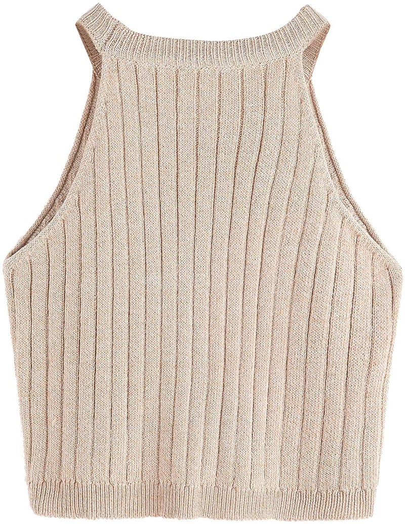 سويتي روكس Women's Knit Crop Top Ribbed Sleeveless Halter Neck Vest Tank Top (Small, Apricot) - Image 2