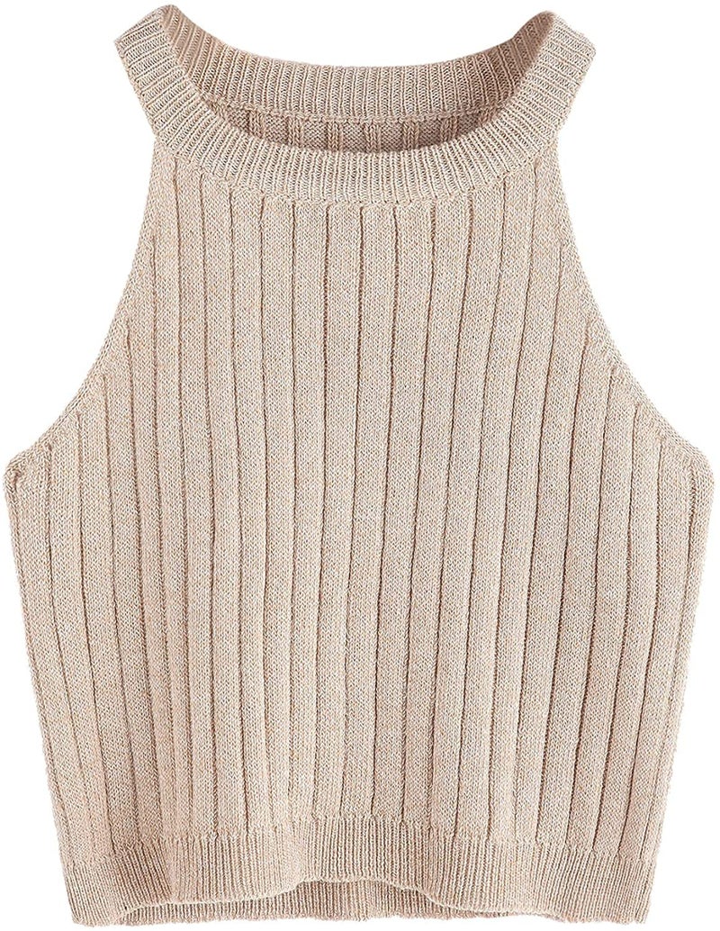 سويتي روكس Women's Knit Crop Top Ribbed Sleeveless Halter Neck Vest Tank Top (Small, Apricot) - Image 5