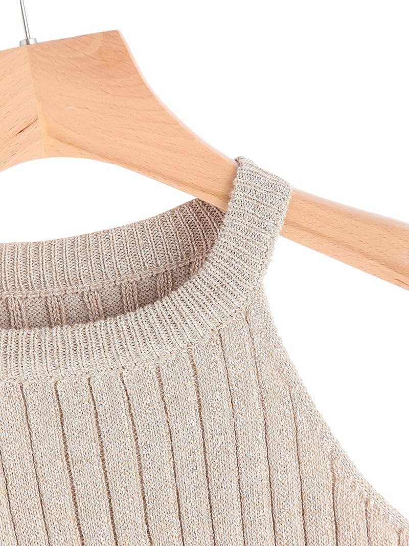 سويتي روكس Women's Knit Crop Top Ribbed Sleeveless Halter Neck Vest Tank Top (Small, Apricot) - Image 3
