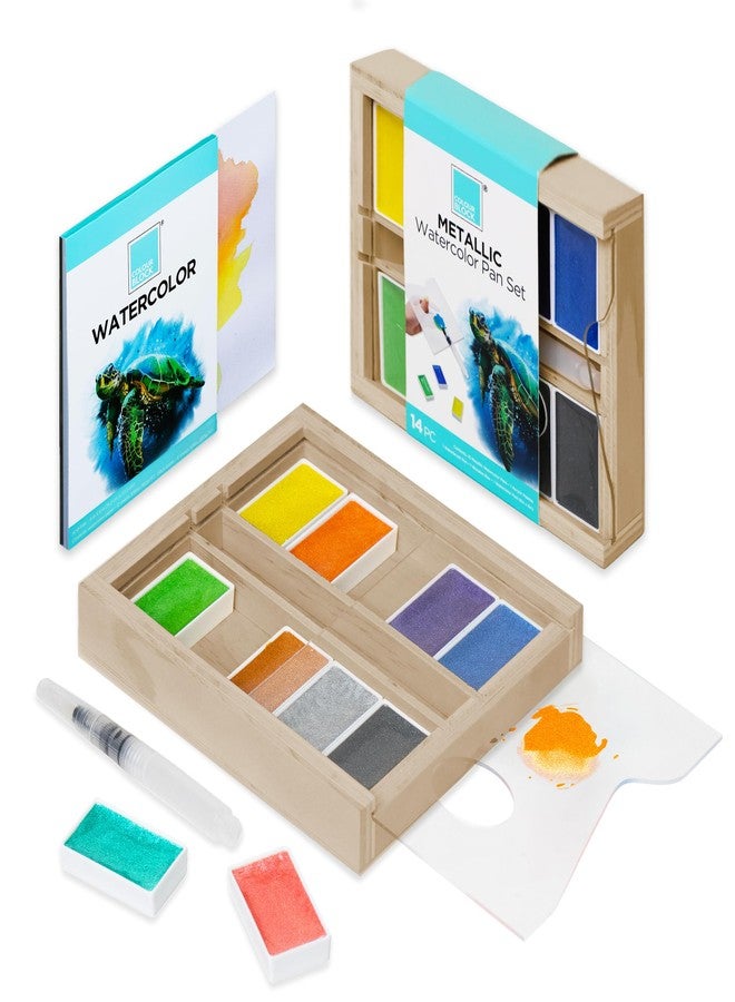 COLOUR BLOCK Metallic Watercolor Paint Set - Shimmering Glitter Paints with Brush Pen, Palette, Watercolor Pad & Wooden Case - Premium Art Supplies for Artists, Beginners & Kids - Image 2