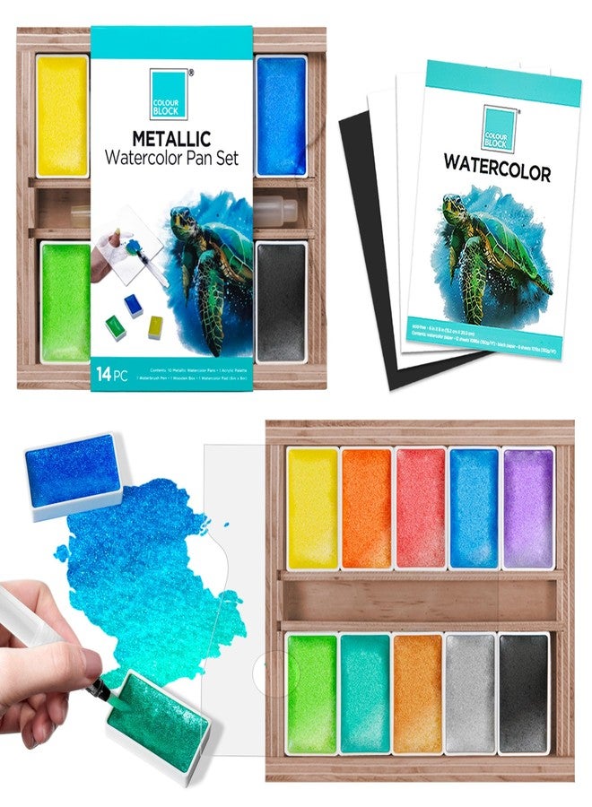 COLOUR BLOCK Metallic Watercolor Paint Set - Shimmering Glitter Paints with Brush Pen, Palette, Watercolor Pad & Wooden Case - Premium Art Supplies for Artists, Beginners & Kids - Image 1