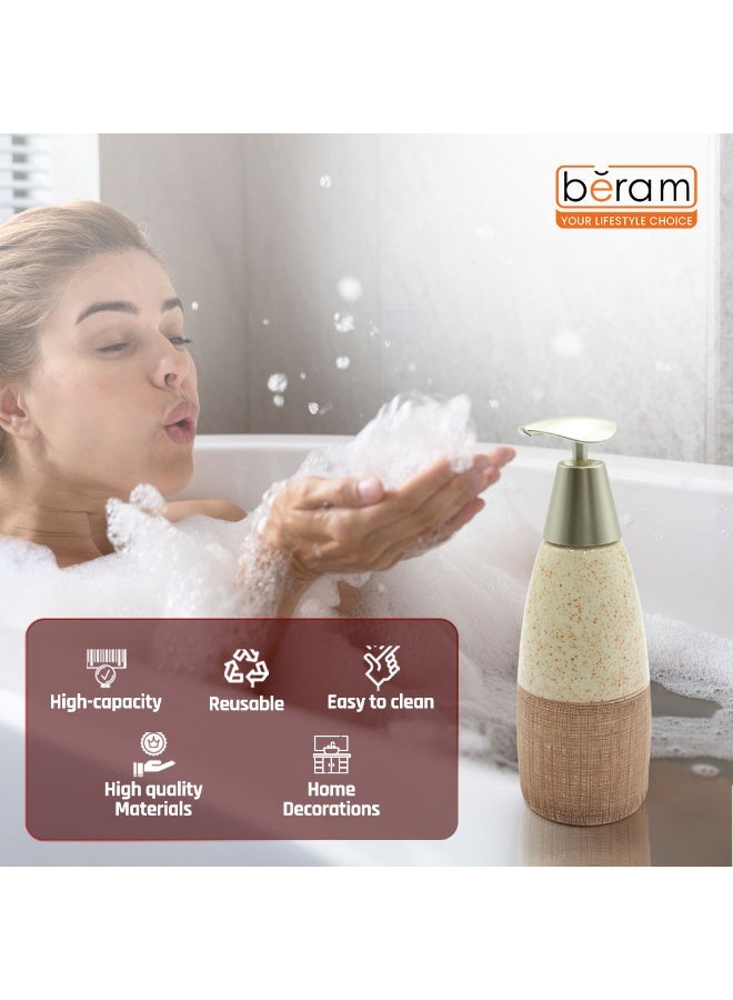 بيرام زجاجة موزع صابون سيراميك بيرام بمضخة يدوية بتصميم خطوط منقطة قابلة لإعادة التعبئة ملحق أنيق وفاخر للحمام أو المطبخ (كريمي وبني) - Image 2