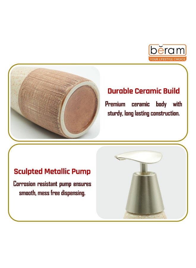 بيرام زجاجة موزع صابون سيراميك بيرام بمضخة يدوية بتصميم خطوط منقطة قابلة لإعادة التعبئة ملحق أنيق وفاخر للحمام أو المطبخ (كريمي وبني) - Image 4