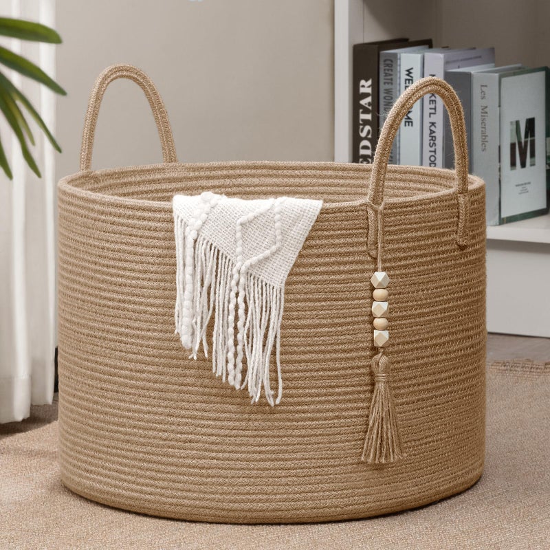 Goodpick Large Wicker Laundry Basket Jute Woven Basket for Clothes, Shoes, Towels, Decorative Storage Basket in Living Room, Bathroom, Entryway, Round Toy Basket 17.7 x 12.6 Inches, Jute - Image 1