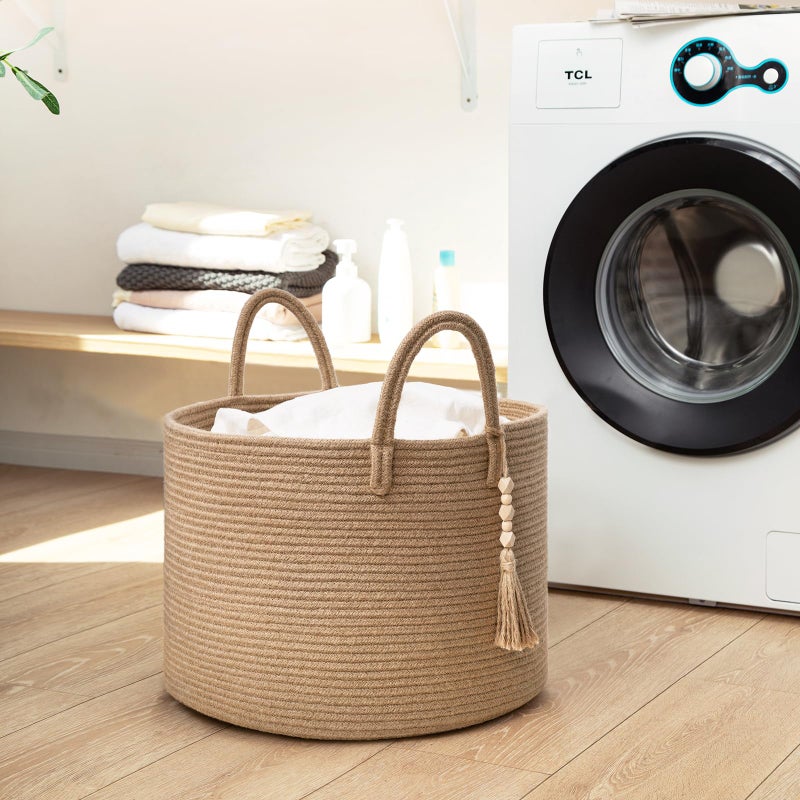 Goodpick Large Wicker Laundry Basket Jute Woven Basket for Clothes, Shoes, Towels, Decorative Storage Basket in Living Room, Bathroom, Entryway, Round Toy Basket 17.7 x 12.6 Inches, Jute - Image 5