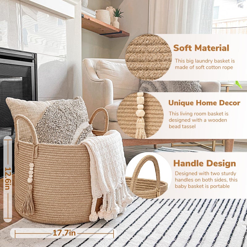 Goodpick Large Wicker Laundry Basket Jute Woven Basket for Clothes, Shoes, Towels, Decorative Storage Basket in Living Room, Bathroom, Entryway, Round Toy Basket 17.7 x 12.6 Inches, Jute - Image 3