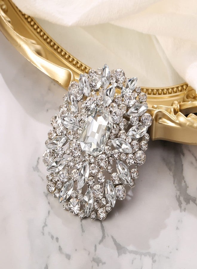 بريلوف بروش نسائي رائع من بريلوف، مرصع بأحجار الراين الكريستالية المربعة ذات القطع الزمردي، بتصميم ماركيز، مثالي لحفلات الزفاف والخطوبة، بلون فضي شفاف - Image 2