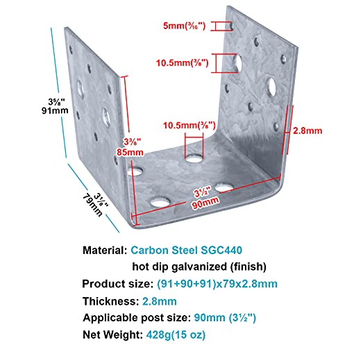 eoere 4 PCS Half Post Base, Fit 4 x 4 Post Anchor Connector, Deck Framing Brackets Support, Inner Size 3-1/2", 11 Gauge(1/8" ) Thick - Image 2