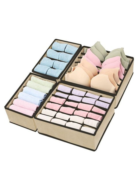 Drawer Organizer Divider 4 Packs Organizer, Fabric Collapsible Closet Cabinet Organizer Underwear Storage Boxes for Storing Socks, Bra, Handkerchiefs, Ties, Belts, Beige