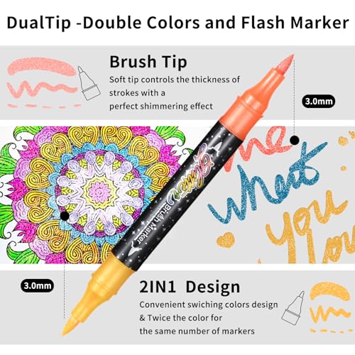 ZZWUAPT 48 Colors Glitter Brush Markers,24 Pack Dual Tip Brush Glitter Marker for Doodle Writing, Glitter Art Crafts Adults DIY Crafts Greeting Birthday Cards Making - Image 3
