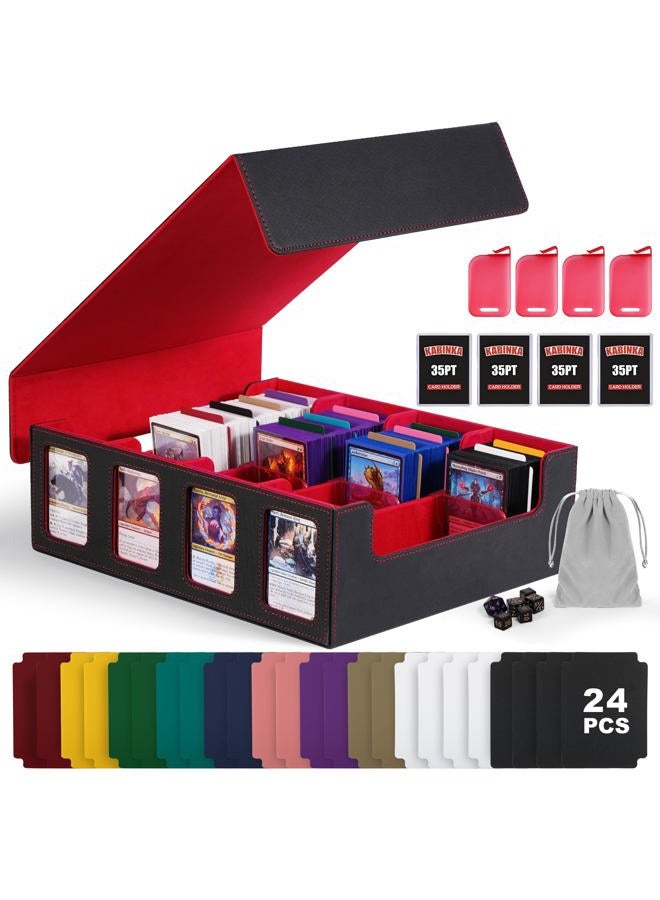 Kabinka Trading Card Storage Box with Commander Display, 4-Row Deck Case with Removable Lid; 2400+ Card Deck Box for MTG TCG Sports Card, 4 Toploaders, 4 Stoppers, 24 Dividers,1 Dice Bag (Black Red) - Image 1