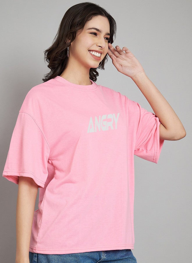 TREND LEVEL Pink Typography Printed Oversized Cotton T-shirt for Women - Image 3