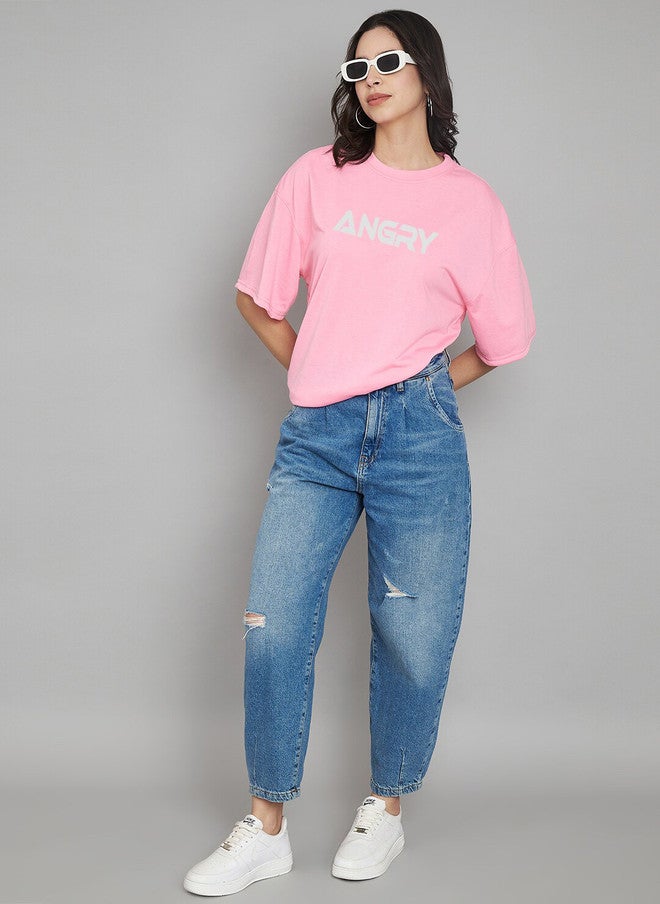 TREND LEVEL Pink Typography Printed Oversized Cotton T-shirt for Women - Image 5