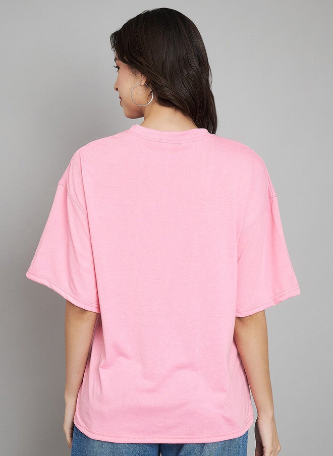 TREND LEVEL Pink Typography Printed Oversized Cotton T-shirt for Women - Image 4
