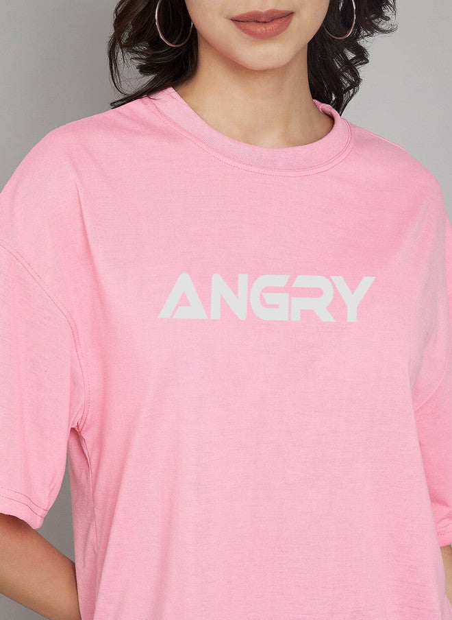TREND LEVEL Pink Typography Printed Oversized Cotton T-shirt for Women - Image 2