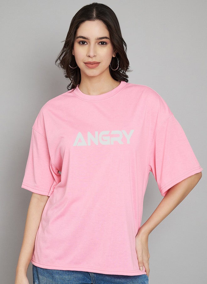 TREND LEVEL Pink Typography Printed Oversized Cotton T-shirt for Women - Image 1