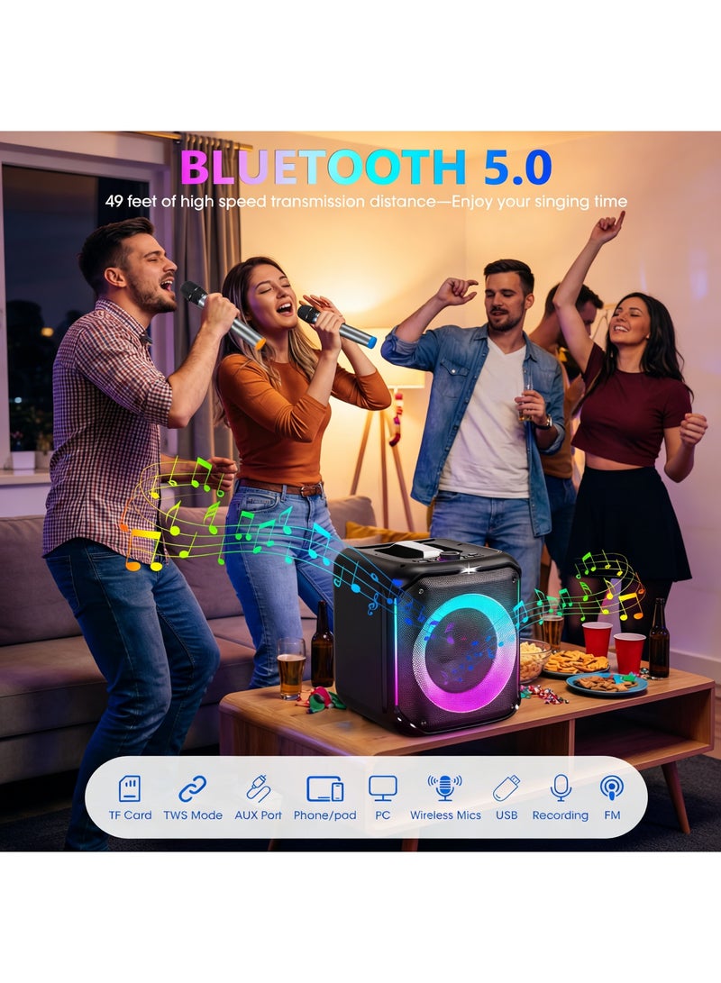 Adando Karaoke Machine with 2 Wireless Microphones: 40W Portable Bluetooth 5.0 Speaker 8" Subwoofer with LED Lights - PA System Speaker Supports TF USB AUX in FM REC TWS Bass Treble for Home Party Meeting - Image 2