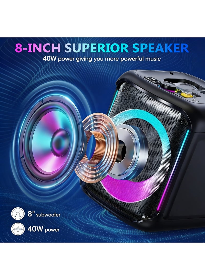 Adando Karaoke Machine with 2 Wireless Microphones: 40W Portable Bluetooth 5.0 Speaker 8" Subwoofer with LED Lights - PA System Speaker Supports TF USB AUX in FM REC TWS Bass Treble for Home Party Meeting - Image 3