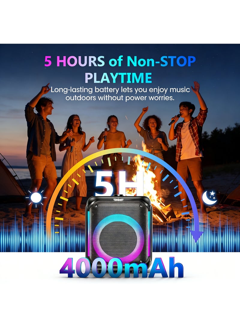 Adando Karaoke Machine with 2 Wireless Microphones: 40W Portable Bluetooth 5.0 Speaker 8" Subwoofer with LED Lights - PA System Speaker Supports TF USB AUX in FM REC TWS Bass Treble for Home Party Meeting - Image 4