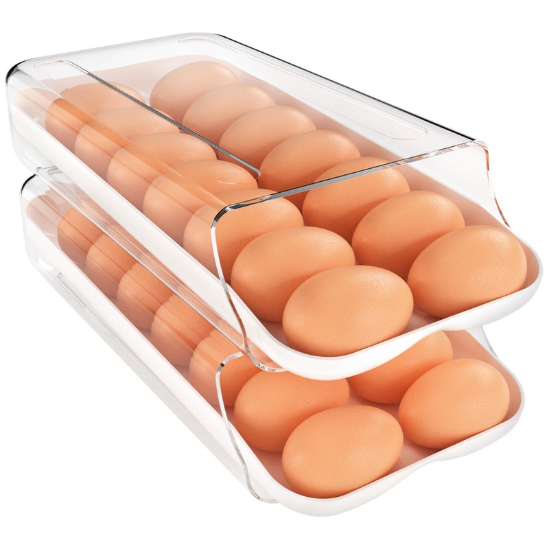 Theaoo Egg Holder For Fridge  Automatic Rolling Egg Container For Refrigerator  Clear Plastic Egg Dispenser  Stackable Eggs Organizer With Quick Removable Inner Tray For Organizers And Storage  2 Pack - Image 1