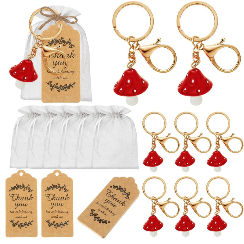 Ecation 20 Set Mushroom Keychain Party Favors Set Keyring with Kraft Tags Organza Bag for Guests Souvenir Baby Shower Wedding(Classic) - Image 1
