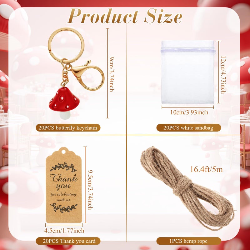 Ecation 20 Set Mushroom Keychain Party Favors Set Keyring with Kraft Tags Organza Bag for Guests Souvenir Baby Shower Wedding(Classic) - Image 2