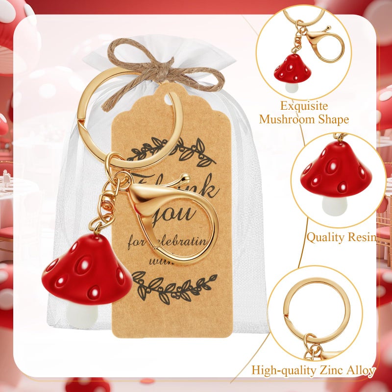 Ecation 20 Set Mushroom Keychain Party Favors Set Keyring with Kraft Tags Organza Bag for Guests Souvenir Baby Shower Wedding(Classic) - Image 3