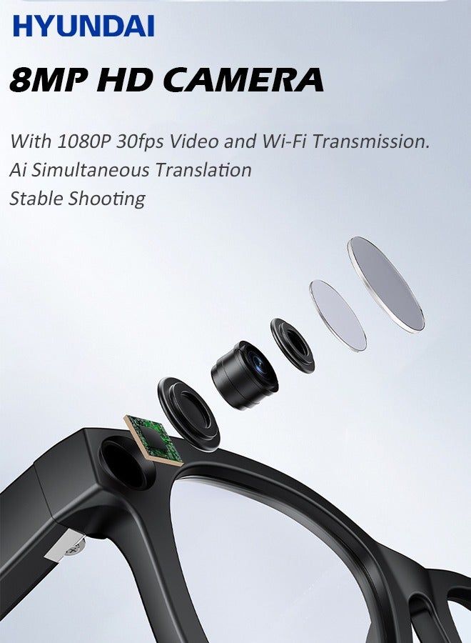 هيونداي نظارات ذكية تعمل بالذكاء الاصطناعي مع كاميرا: دردشة ومساعد الذكاء الاصطناعي، التحكم الصوتي، الترجمة الفورية، المكالمات الصوتية | مع كاميرا عالية الدقة 8 ميجا بكسل، مع وظيفة مضادة للاهتزاز، مناسبة للتصوير في أي وقت للرياضة والمشاهد الخارجية (أسود) - Image 2