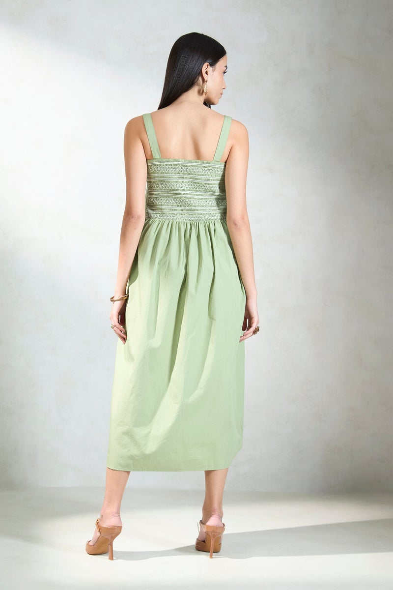 Virgio Solid Cotton Front Pleated Smocked Midi Dress for Women - Image 4