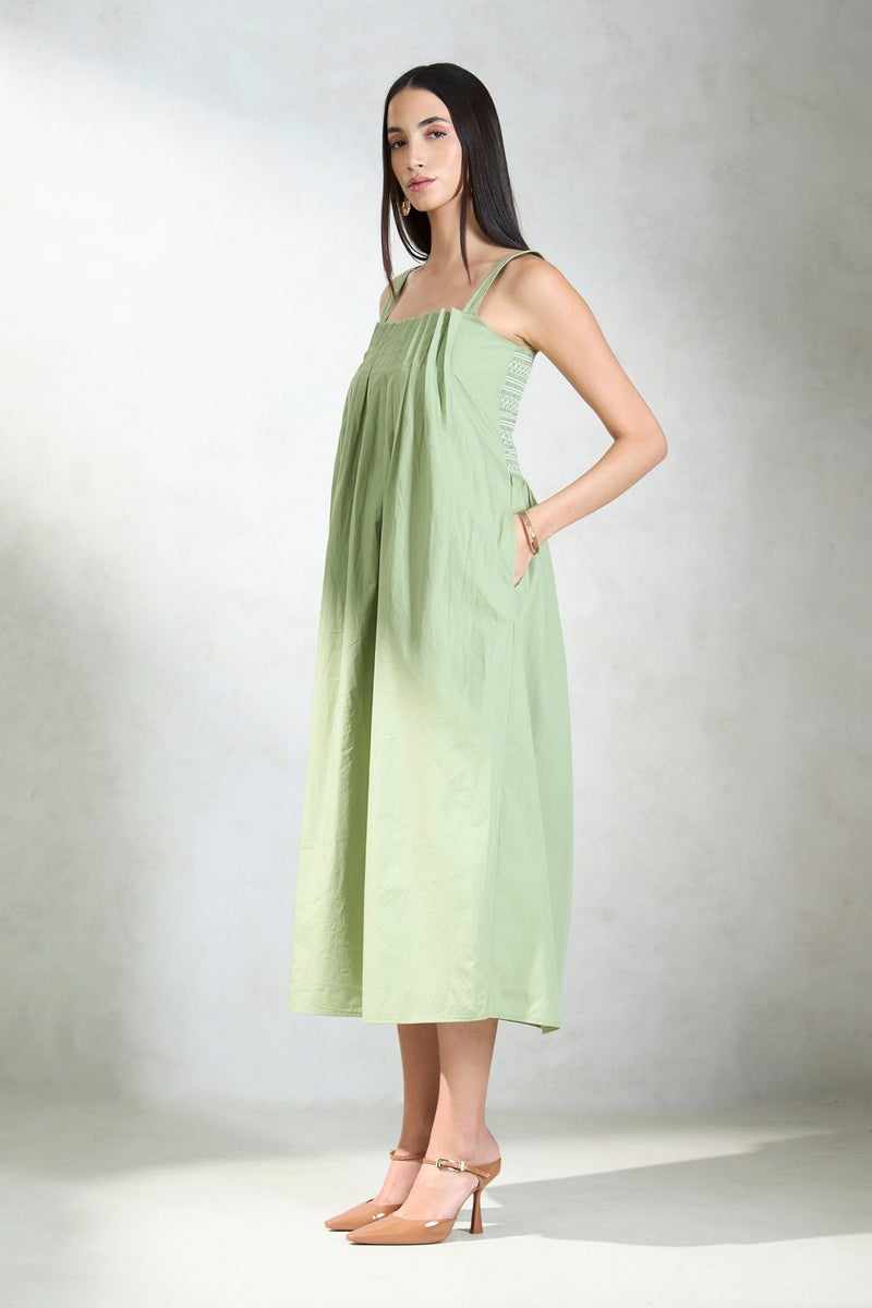 Virgio Solid Cotton Front Pleated Smocked Midi Dress for Women - Image 3