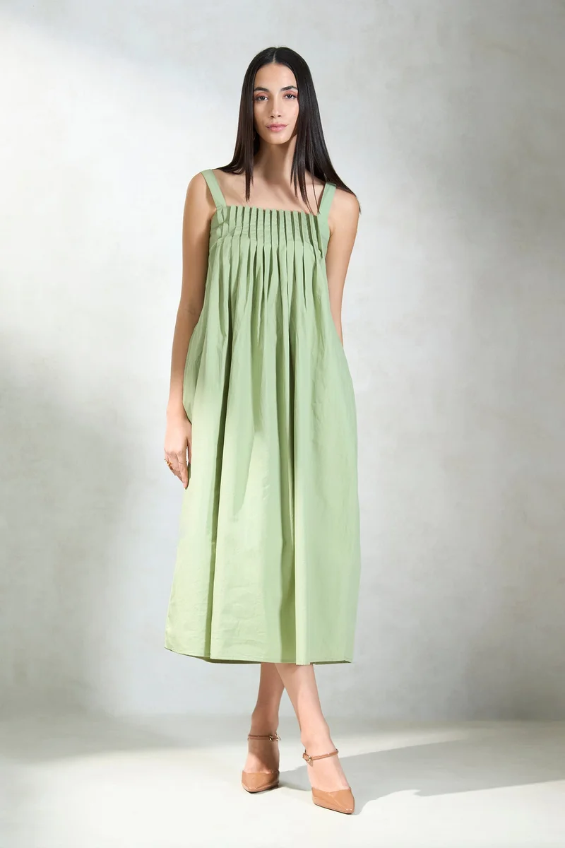 Virgio Solid Cotton Front Pleated Smocked Midi Dress for Women