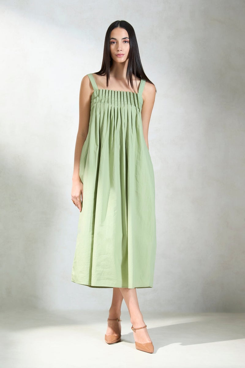 Virgio Solid Cotton Front Pleated Smocked Midi Dress for Women - Image 2