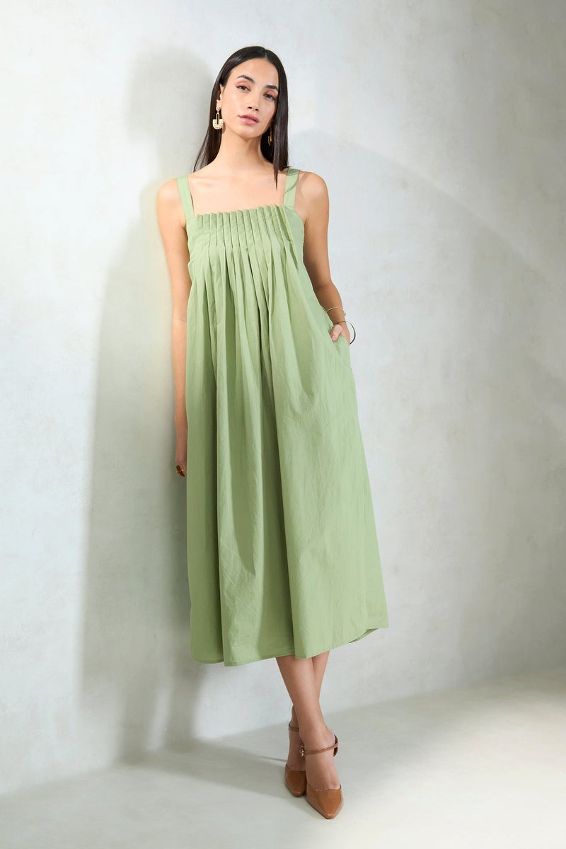 Virgio Solid Cotton Front Pleated Smocked Midi Dress for Women - Image 1