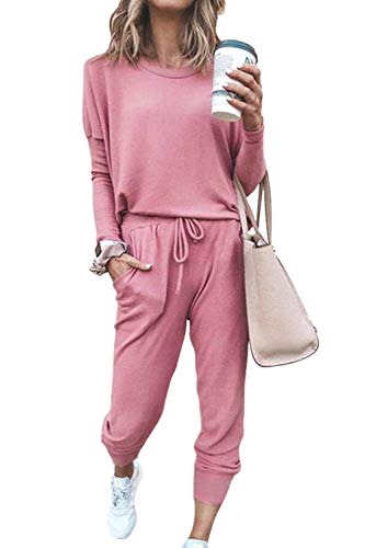 Fixmatti Women Two Piece Outfits Long Sleeve Sweatshirts and Sweatpants Matching Set with Pocket Pink XL - Image 1