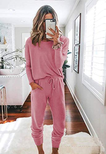 Fixmatti Women Two Piece Outfits Long Sleeve Sweatshirts and Sweatpants Matching Set with Pocket Pink XL - Image 2